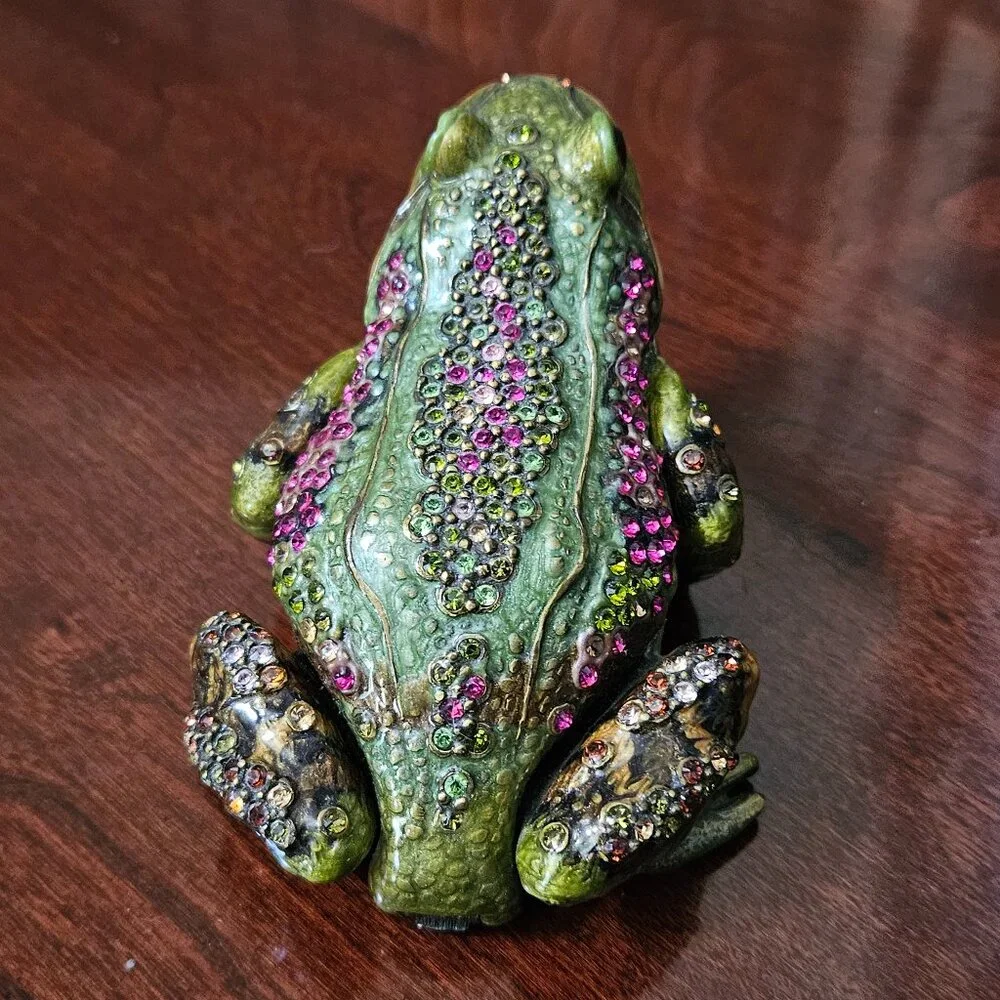 RARE JAY STRONGWATER DARJEELING FROG CRYSTAL ENAMEL DESK CLOCK OBJET FIGURINE